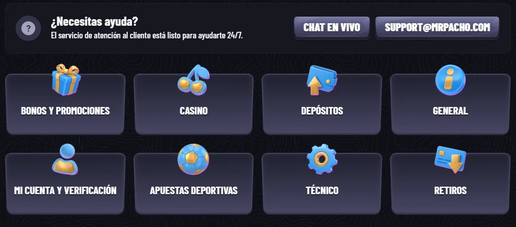 MrPacho Casino Soporte y Ayuda MrPacho Casino centro de ayuda con chat en vivo y categorías de soporte