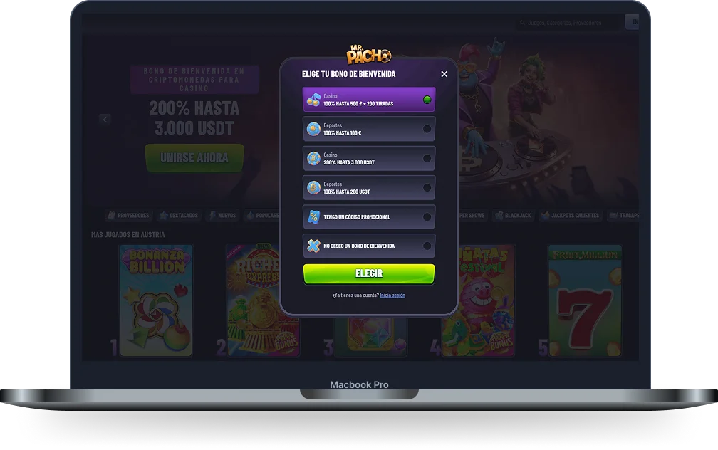 MrPacho Casino Selección de Bono MrPacho Casino selección del bono de bienvenida durante el registro